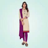 Beige and Purple Women's Premium Manipuri Cotton Plain Gaala Border School Uniform Salwar Kameez