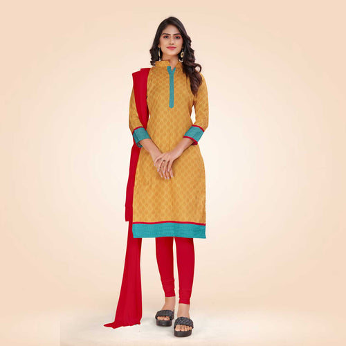 Yellow and Turquoise Women's Premium Manipuri Cotton Small Butty Teachers Uniform Salwar Kameez