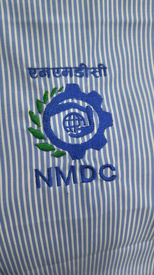 Blue Stripes Coporate Uniforms Shirt And Navy Blue Trousers Unstitched Fabrics Set NMDC Logo