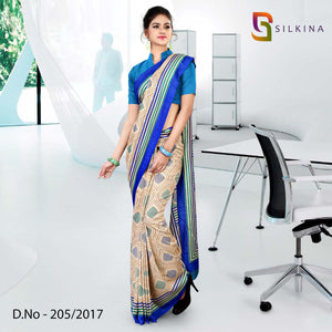 Beige and Blue Women's Premium Dola Silk PTM Uniform Sarees With Blouse Piece