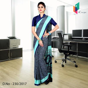 Navy Blue and Turquoise Women's Premium Italian Crepe Paisley Print Receptionist Uniform Sarees With Blouse Piece