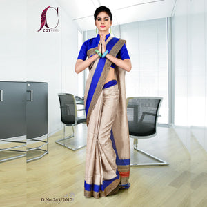 Beige and Blue Women's Premium Manipuri Cotton Industrial Uniform Sarees With Blouse Piece