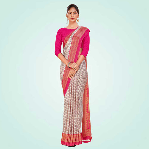 Beige and Maroon Women's Premium Silk Chiffon Small Butty Women's Uniform Saree