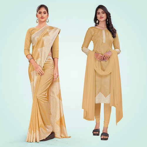 Yellow Women's Premium Mulberry Silk Plain Gaala Border Institution Uniform Saree Salwar Combo