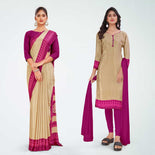 Beige and Maroon Women's Premium Italian Silk Small Butty Jewellery Showroom Uniform Saree Salwar Combo