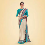 Beige and Black Women's Premium Manipuri Cotton Plain Gaala Border Catering Uniform Saree