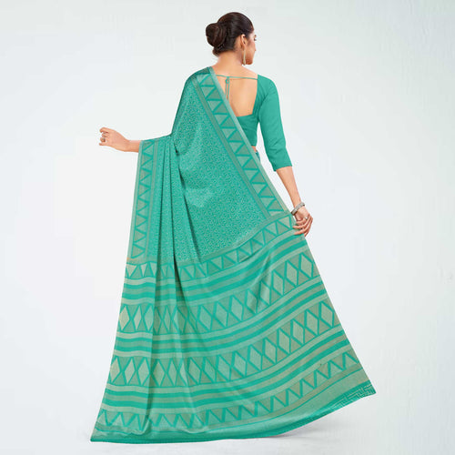 Sea Green Women's Premium Silk Chiffon Ikat Print Resort Uniform Saree