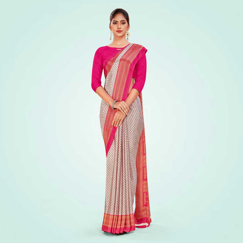 Beige and Maroon Women's Premium Silk Chiffon Small Butty Women's Uniform Saree