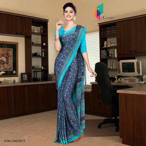 Navy Blue And Turquoise Italian Crepe Silk Showroom Uniform Saree