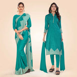 Turquoise Women's Premium Mulberry Silk Plain Gaala Border College Uniform Saree Salwar Combo