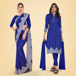 Turquoise Women's Premium Mulberry Silk Plain Gaala Border College Uniform Saree Salwar Combo