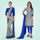 Pistachio and Peacock Blue Women's Premium Silk Chiffon Plain Gaala Border Receptionist Uniform Saree Salwar Combo