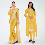 Yellow Women's Premium Mulberry Silk Plain Gaala Border Institution Uniform Saree Salwar Combo