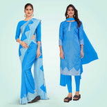 Navy Blue Women's Premium Mulberry Silk Plain Gaala Border Housekeeping Uniform Saree Salwar Combo