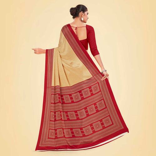 Beige and Maroon Women's Premium Silk Chiffon Small Butty Women's Uniform Saree