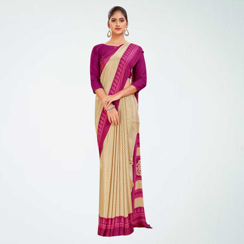 Beige and Lavender Pink Women's Premium Italian Silk Small Butty Receptionist Uniform Saree