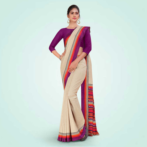 Beige and Black Women's Premium Manipuri Cotton Plain Gaala Border Anganwadi Workers Uniform Saree