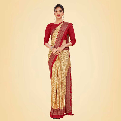 Beige and Maroon Women's Premium Silk Chiffon Small Butty Women's Uniform Saree